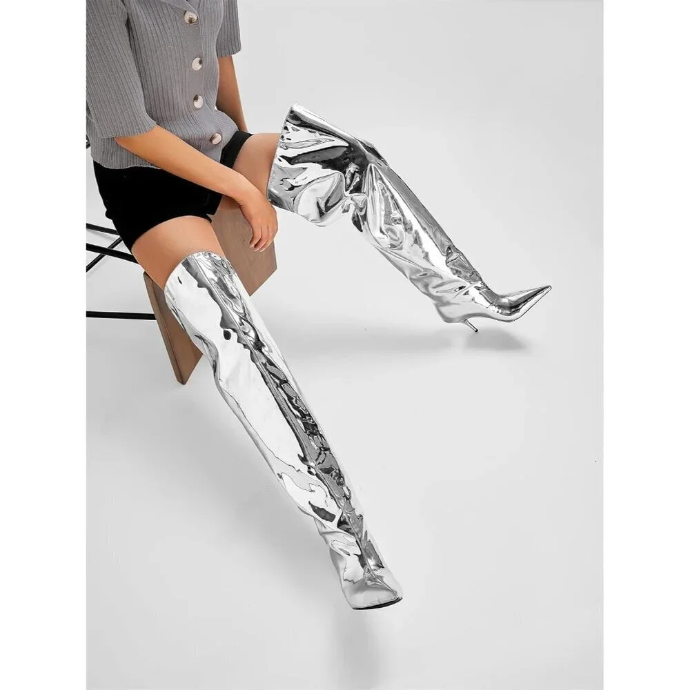 🆕Women Silver Faux Leather Wide Calf Thigh High Heeled Stiletto Cone Heel Boot
